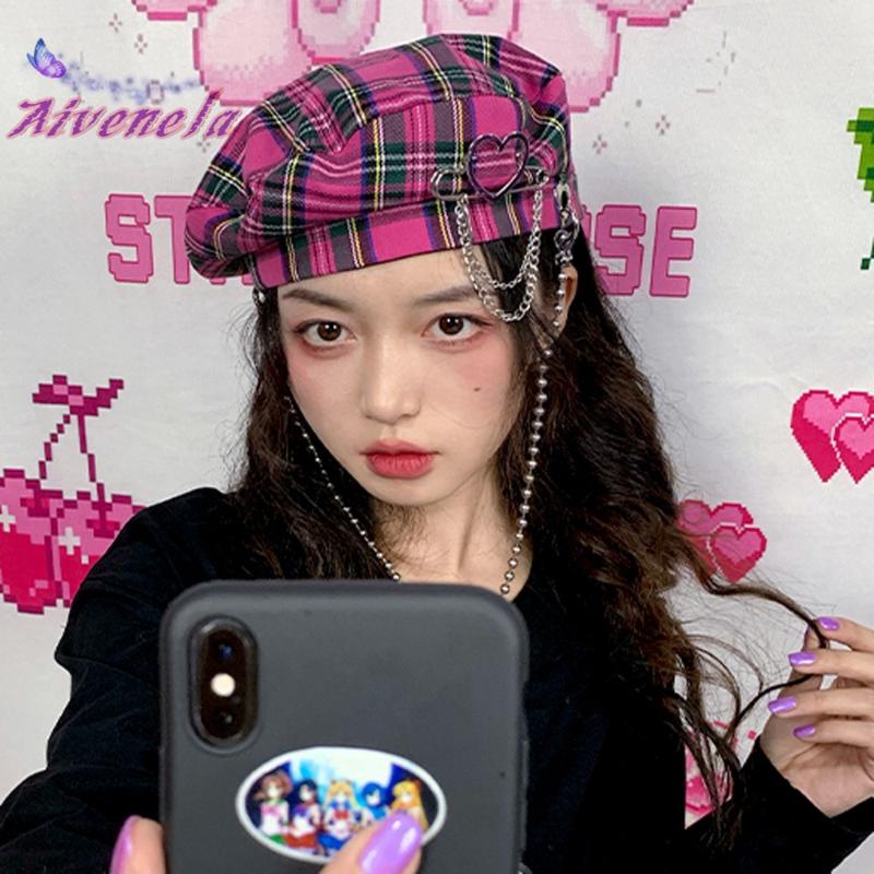 

Harajuku Style Gothic Hot Girls Cool Love Chain Women Plaid Berets Hat Punk Rock Female Boina Feminina Streetwear Hats AFC865