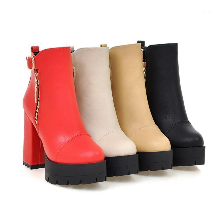 

Shoes Women's Mid Calf Boots Platform Round Toe Winter Footwear Ladies Low Autumn Red High Heel Sexy Rubber 20201