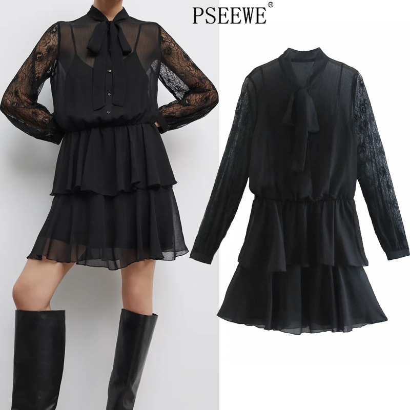 

New Mesh Black Mini Women 2021 See Through Lace Long Sleeve Sexy Party Dress Woman Bow Tulle Ruffle Vintage Dresses Wrc5