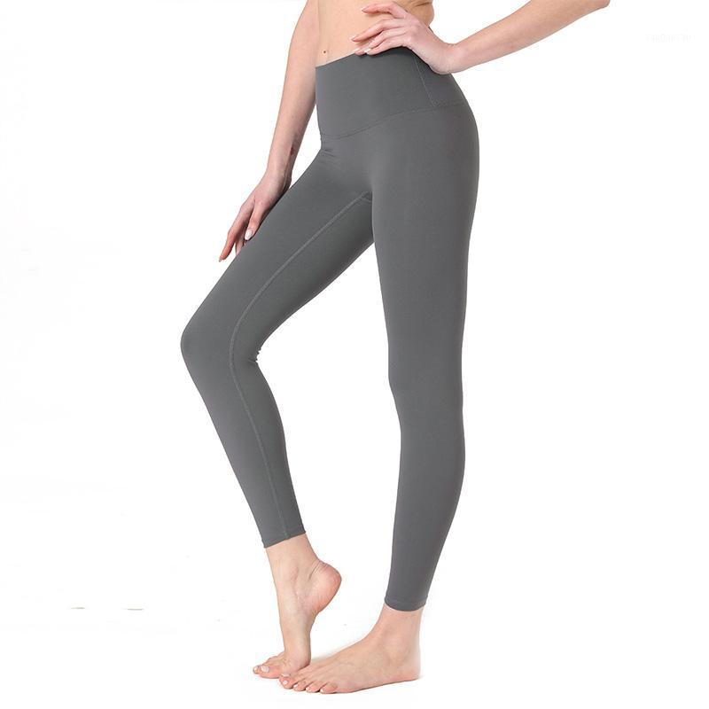 

2020 new nude high-waist hips stretch fitness yoga nine-point pants female moisture wicking solid color nylon spandex yoga pants1, Black