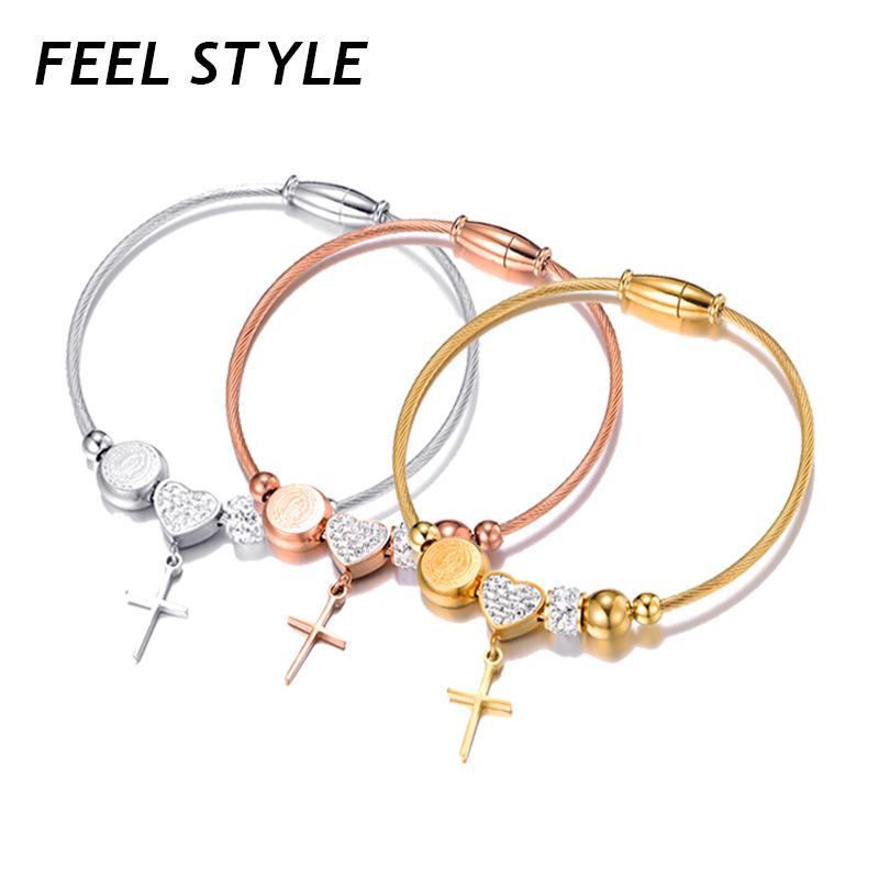 

Stainless Steel Virgin Mary Medal Cross Pendant Bangles For Women Rhinestone Heart