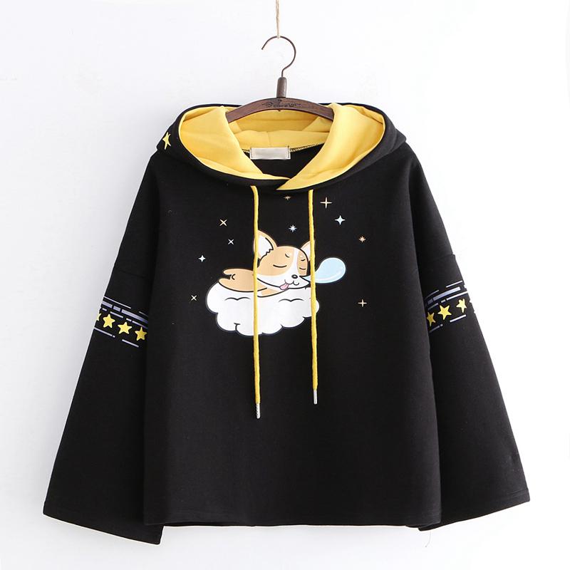 

Winter Women Grey Hoodies Japanese Harajuku Cute Warm Fleece Teen Girl Hooded Sweatshirt Kawaii Anime Dog Graphic Black Pullover, Black hoodie