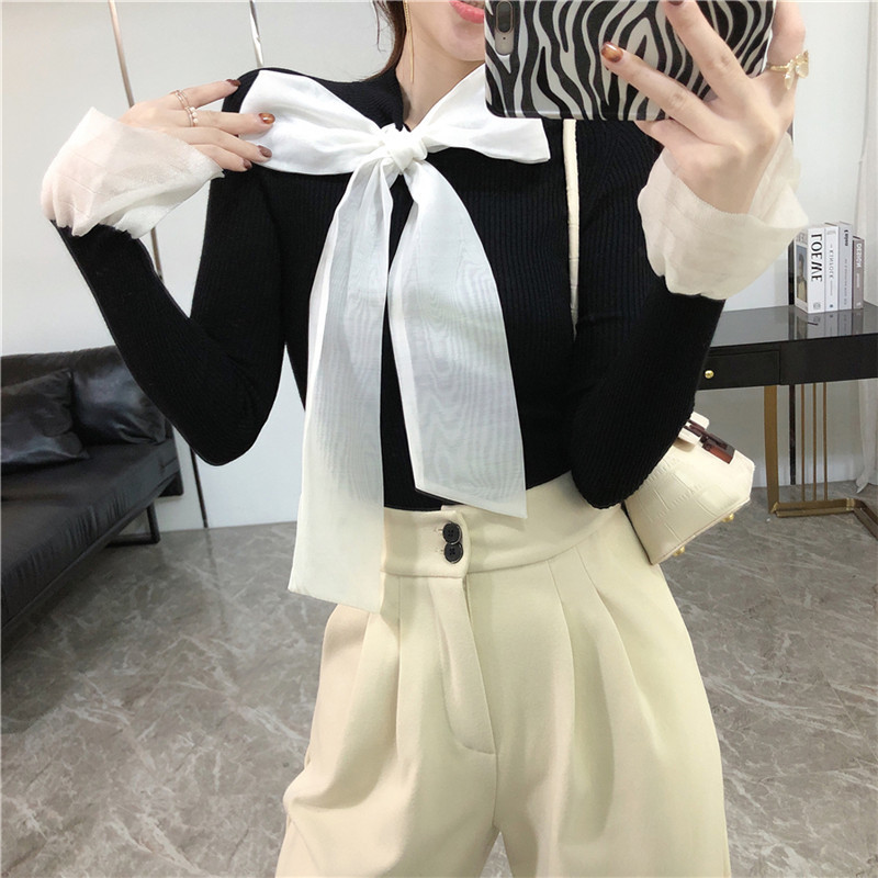 

2021 New Womens Knit Fall Belts Bowknot Pullover Sleeve Long Extension Thin Stretch Tops Fashion Autumn Shirts Background 94GM, Black