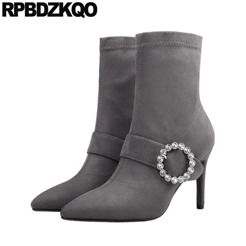 

slip on diamond designer shoes women luxury 2020 boots gray ankle sheepskin rhinestone stiletto pointed toe brand high heel, Black