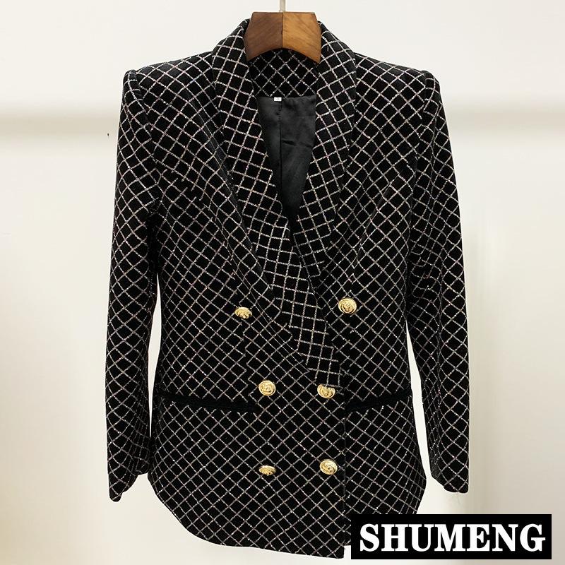 

2020 Autumn Winter Women New Fashion Long Sleeve Notched Collar Lion Button Plaid Shiny Velvet Blazer Coat Retro Jacket, Black