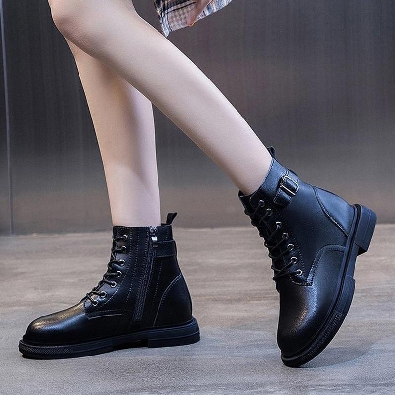 

ONE YONA 2021 winter new fashion web celebrity zipper Genuine Leather women boots middle heels cross-tied buckle women boots, Black