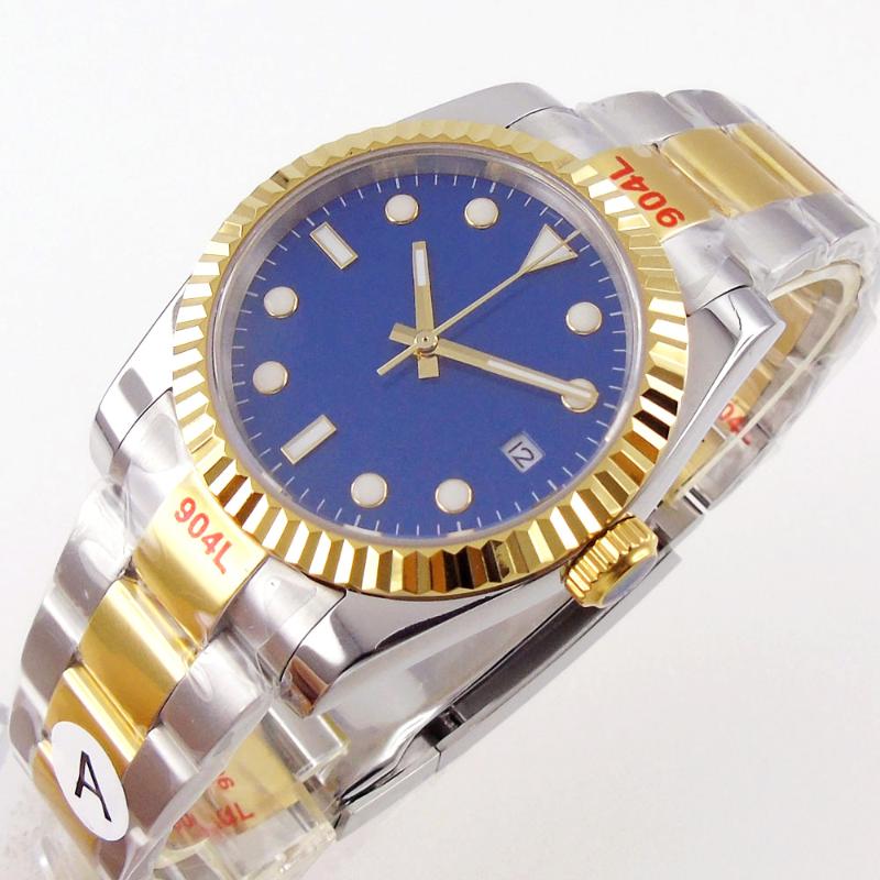

Wristwatches 39mm NH35A Fluted Bezel Sunburst Automatic Men Watch Two Tone Gold Coated Middle Shinny Polished Oyster Glass Back, Glass case back