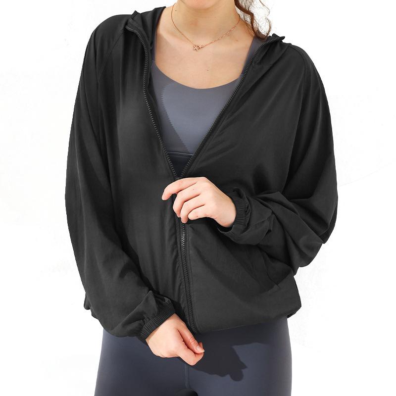 

Autumn Winter Sports Jacket Women Zipper Long-Sleeve Hooded Hip-Covering Loose Fitness Coat Casual Running Training Yoga Clothes, Black