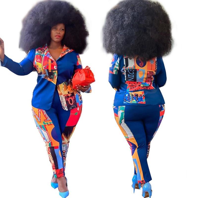

Plus Size Clothing XL-4XL Two Piece Set Women Print Jacket Shirt Pants Outfit Office Ladies Fall Winter Wholesale Dropshipping, White