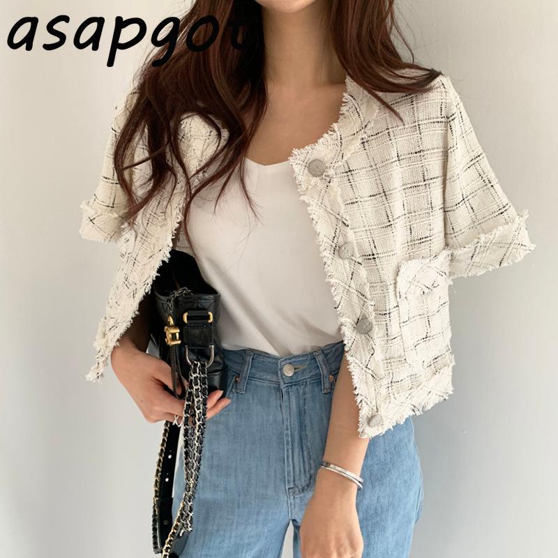 

Women's Jackets Coats & Casual O Neck Short Sleeve Plaid Jacket Women Wild Summer Thin Chic Single Breasted Cardigan Top Temperament, Black;brown