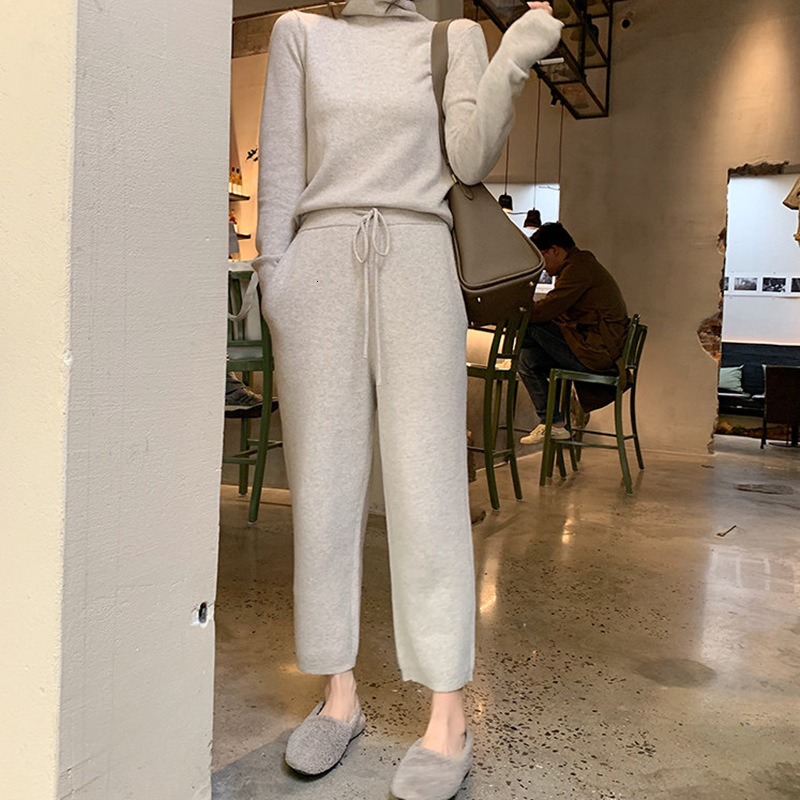 

2021 New Elegant Female Ensembles of Two Solid Pieces Knitted Collar Pullovers Waist Ankle Length Leg Long Winter Pants 3L06, Black