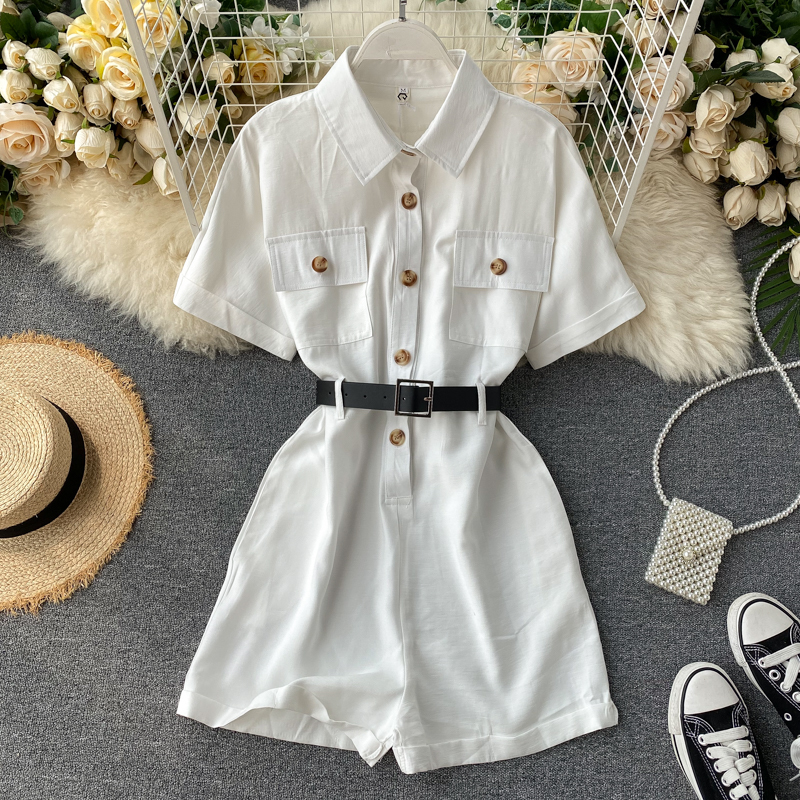 

Korean bodysuit Vintage Plain Lapel Shirt Double-Pocket Button Belt Wide-Leg Shorts Jumpsuits for Women white jumpsuit rompers T200704