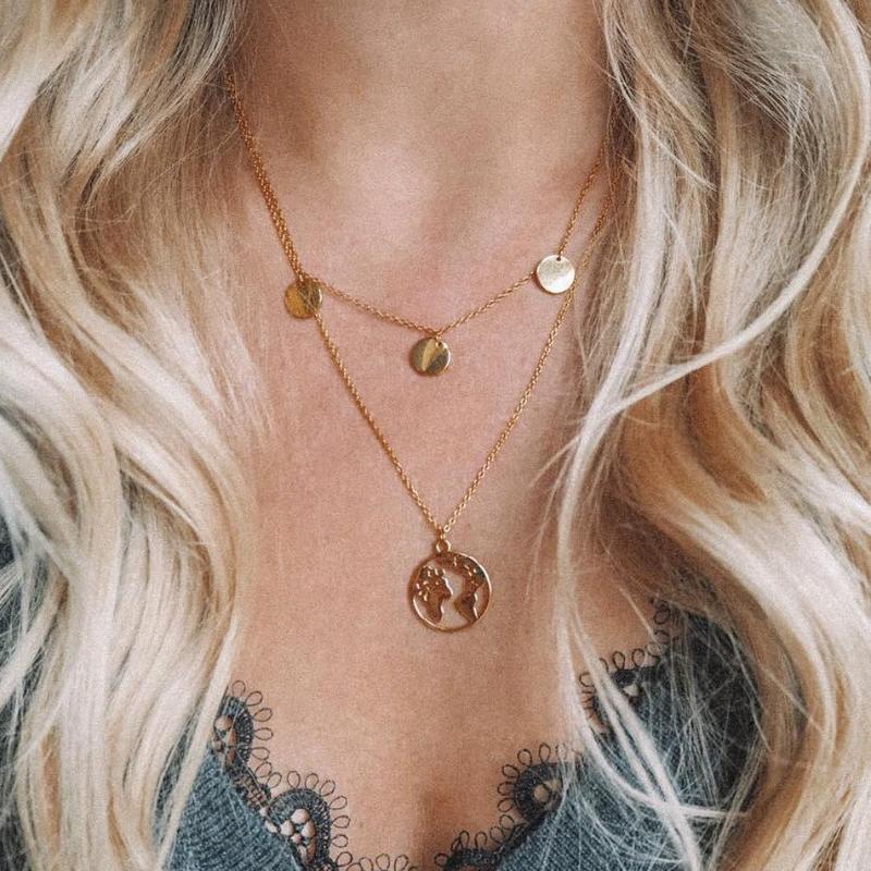 

Layered Necklace Earth Necklace Women Hollow Pendant Jewelry Round Chain Gold 2020 Retro Collar Mujer Colier Femme Collares