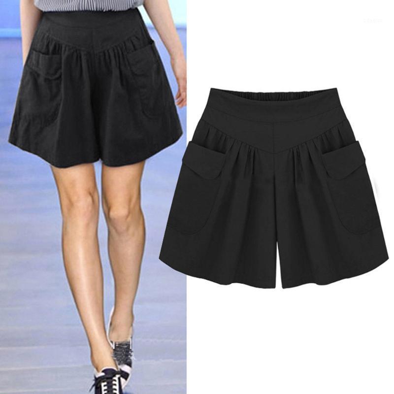 

Summer Women Plus Size Solid Color Elastic Waist Casual Loose Shorts With Pocket Comfortable And Breathable Ladies Shorts #T1P1, Black