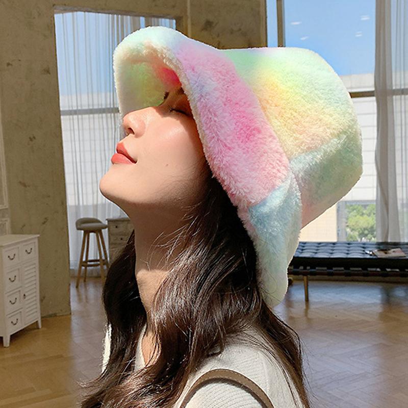 

Female Plush Tie Dye Panama Hats Winter Bucket Hat For Women Girls Fashion Rainbow Soft Warm Fishing Cap Outdoor Vacation Hat, Rose red