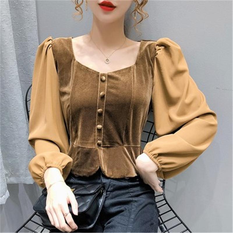 

Women' Gold Velvet Short Blouses Tops Fall Elegance New Sexy Square Callor Puff Sleeve Cropped Shirts Female Romantic Clothese, Black