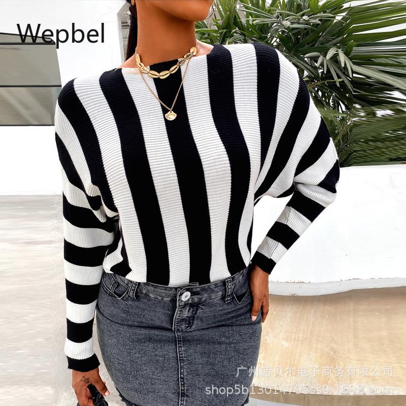 

WEPBEL Women Autumn Sweaters Loose O-neck Pullovers Long Sleeve Fashion Knitted Jumpers Fashion Striped Female Casual Sweater, Black