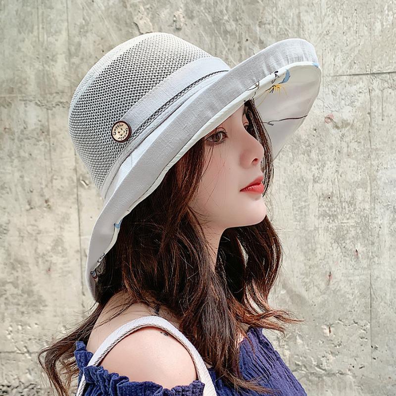 

2020 Summer New Panel Wooden Buckle Sun Hat Double Layer Floral Hipster Artistic Fisherman Hat Women1, Pink