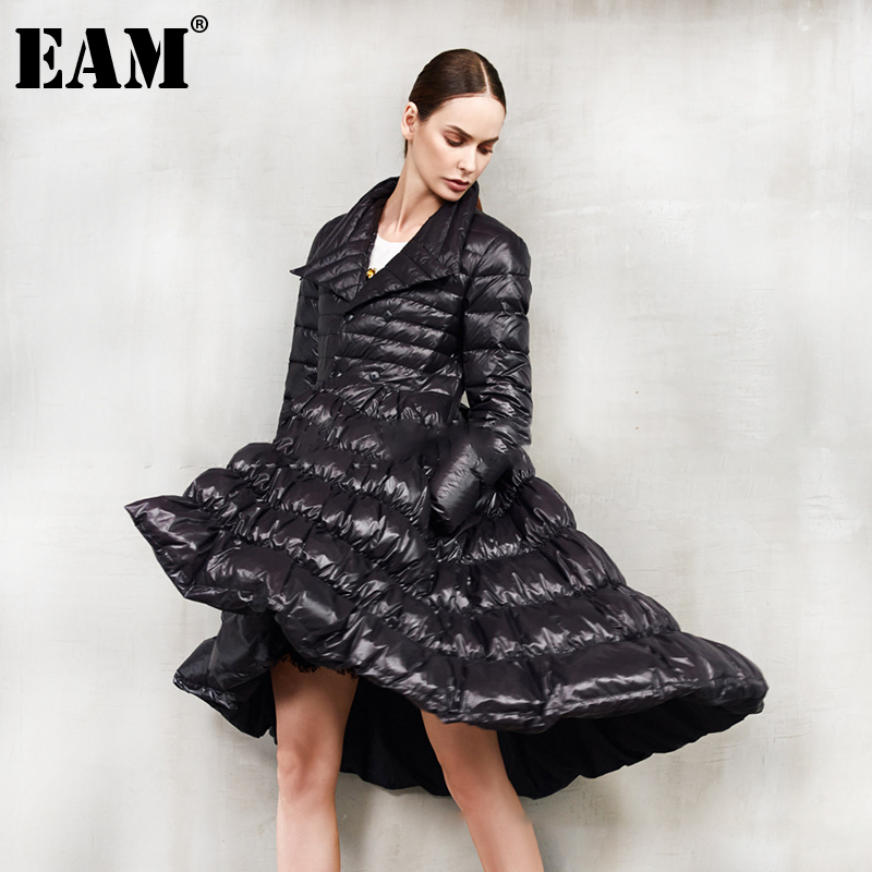 

[EAM] Loose Fit Big Hem Asymmetrical Down Jacket New Lapel Neck Long Sleeve Warm Women Parkas Fashion Spring Autumn 1A407 201109, Beige