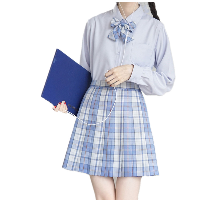 

Student Uniform Japanese Long-sleeved Breasted Shirt Basic College Style Solid Color Aqua Blue Shirt Female Student Clothes for Girls, White