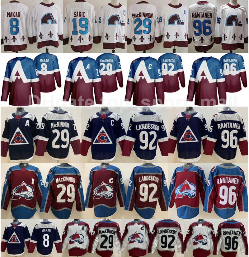 

Reverse Retro Colorado Avalanche Jersey Ice Hockey 8 Cale Makar 29 Nathan MacKinnon 92 Gabriel Landeskog 96 Mikko Rantanen 19 Joe Sakic Men Blue White Stitched, Men red