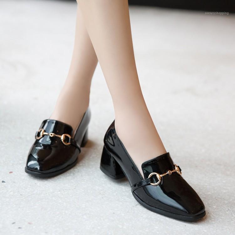 

Big Size 11 12 13 14 15 16 ladies high heels women shoes woman pumps Lacquer square and thick heel square headband decoration1, Black