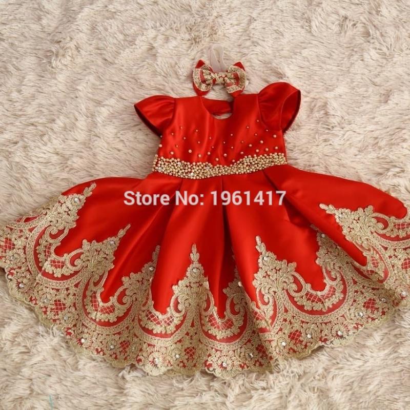 

New Girls Lace Dress Red Dresses With Gold Beading For Girls Party Dress cap Sleeve Ball Gown Clothes Photography Props, As pic
