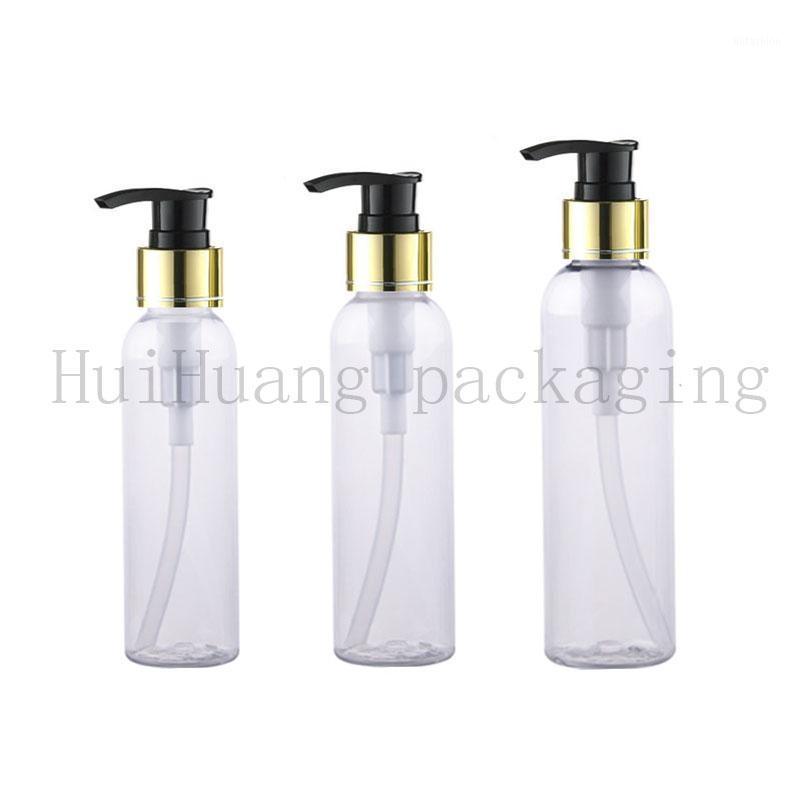 

50pcs 120/150/200ml clear empty cosmetic bottle with gold aluminum lotion pump shampoo dispenser container,cosmetic packaging1