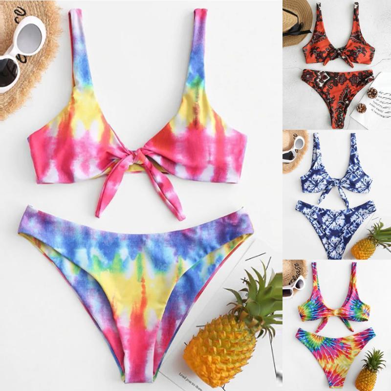 

#H30 Women Sexy Bikini Set Tie-Dye Lace Up High Cut Swimwear Halter Bikini Set Two Piece Swimsuit Bikinis 2020 Biquini1