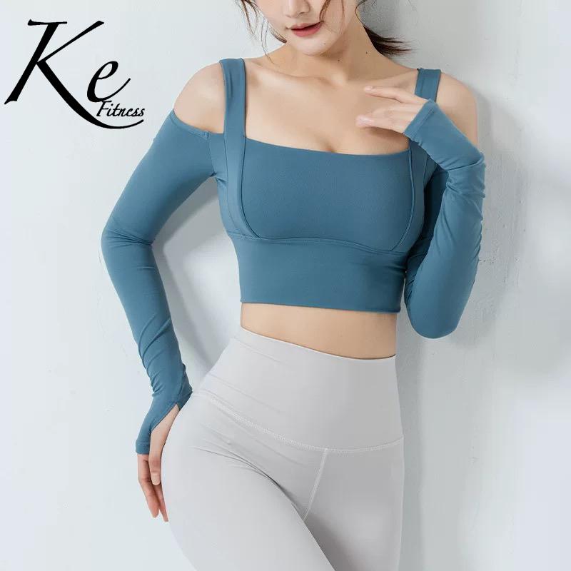 

KE with chest pad milk white honey orange Korean version of the navel sexy strapless sexy sports yoga fitness top running T, Azul
