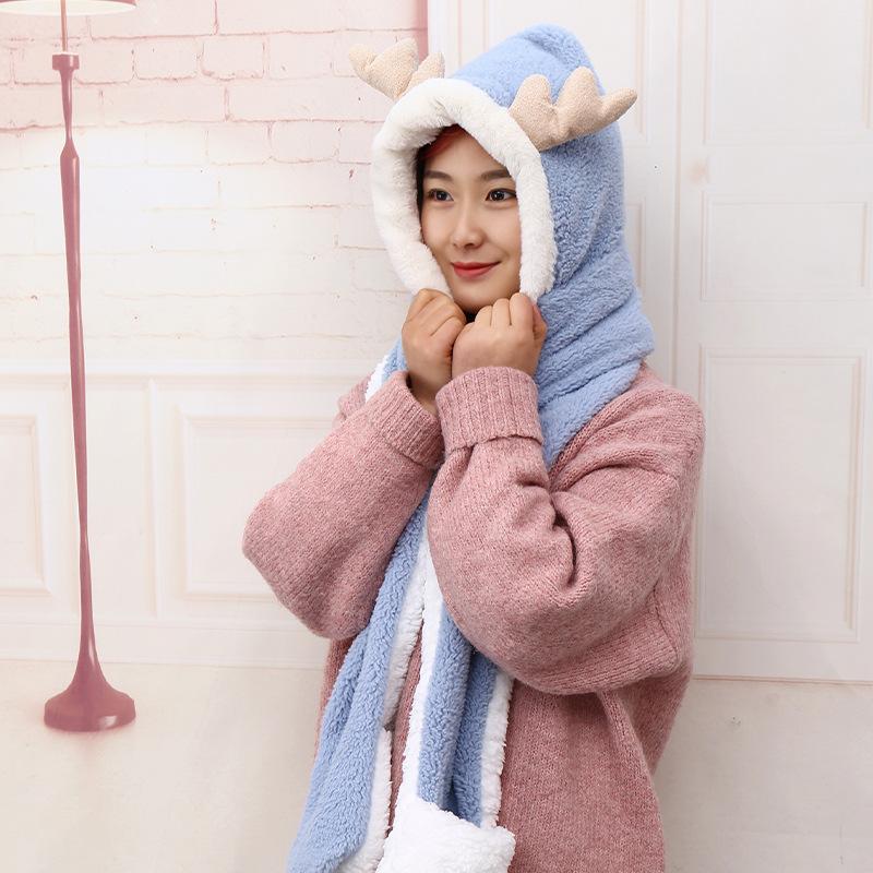 

New cute little antlers conjoined hat gloves scarf hat three-piece double thickening warm wool bonnet, White