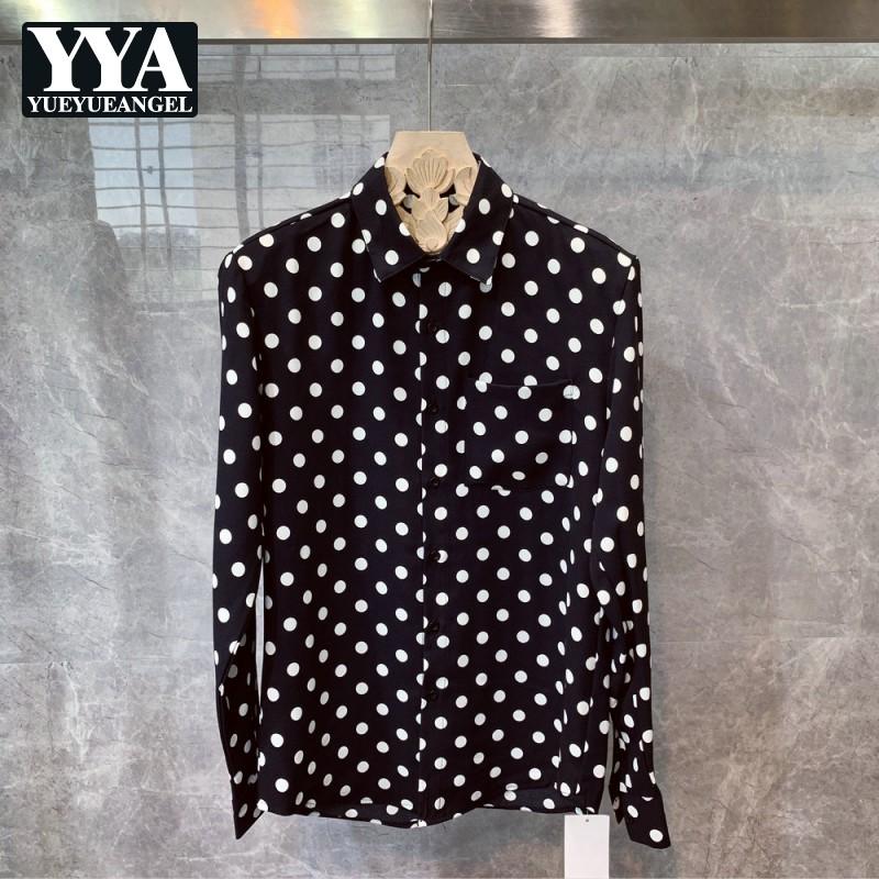 

Spring Autumn New Long Sleeve Polka Dot Shirts Men Street Casual Work Loose Tops Fashion Single Breasted Black Shirts Male
