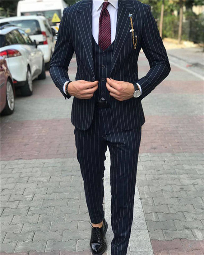 

New Style Groomsmen Stripe Groom Tuxedos Peak Lapel Men Suits Wedding/Prom/Dinner Best Man Blazer ( Jacket+Pants+Tie+Vest ) G105, Same as image