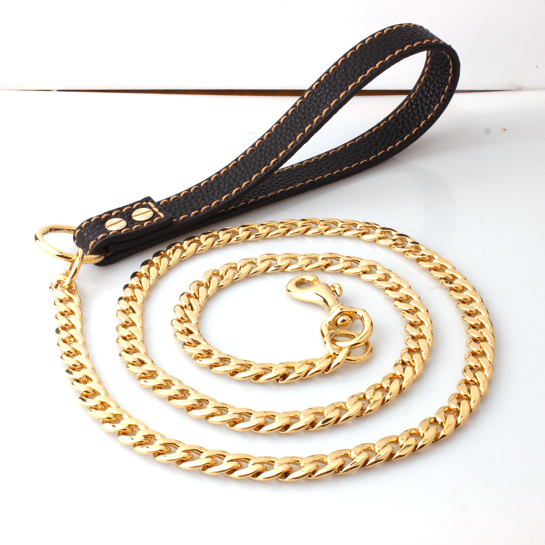 

Golden Stainless Steel Pet Dog Leash Leather Rope Pet Dog Chain Teddy Schnauzer Law Fight Pet Dogs Accessories