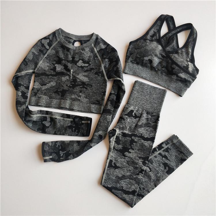 

3PCS Camo Seamless Yoga Set Sports Wear Women Fitness Clothing Yoga Leggings+Sport Bra+Long Sleeve Crop Top Gym Sports Suits, Black pant
