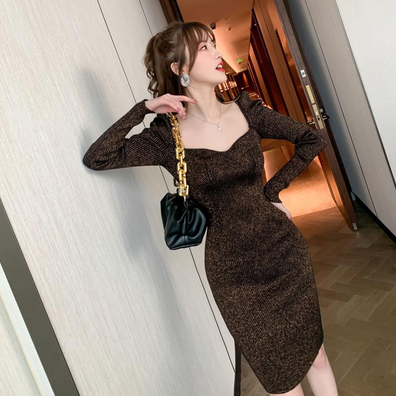 

Fall/winter over-the-knee base slim-fit bright silk knitted dress Office Lady Sheath Solid Zippers Knee-Length, Black