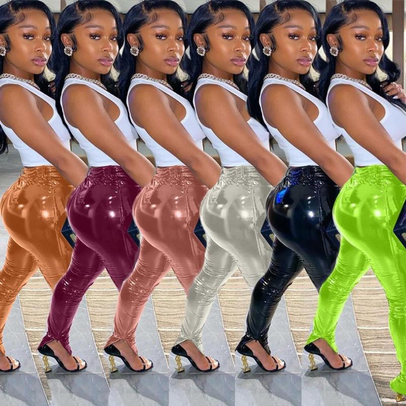 

In Stock stretchy shiny faux PU leather long trouser zip split hem leather pants, Black