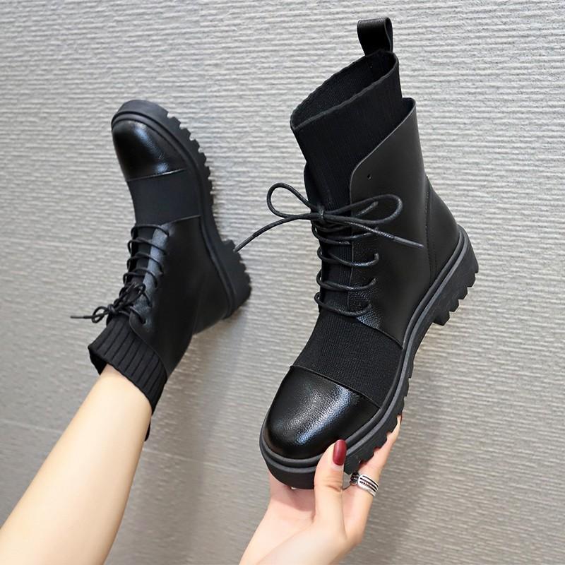 

YeddaMavis New Spring Boots Women Shoes Woman Boots Fashion Flat Round PU Ankle Elastic Lace Black Comfortable