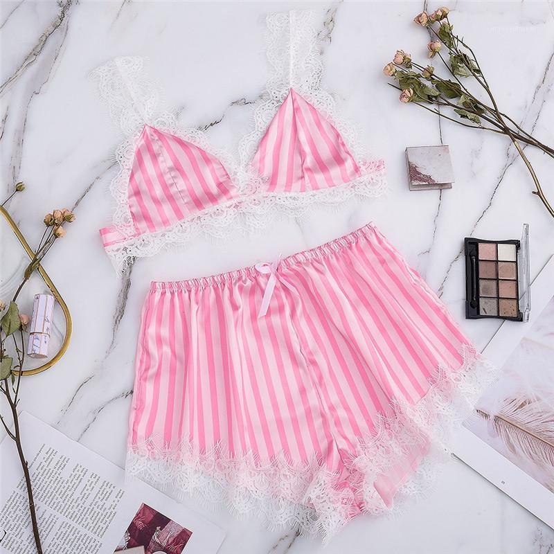 

Silk Pajamas Sexy Satin Lingerie Set Summer Stripe Lace Shorts Set Women Underwear Sleepwear S-XXL Transparent Party CD1, Pink