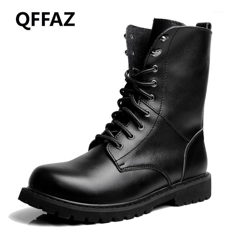 

QFFAZ Genuine Leather Winter Warm Shoes Fashion Men Winter Boot Mid-Calf Boots For Men Male Lace Up botte homme haute Boots1, Black