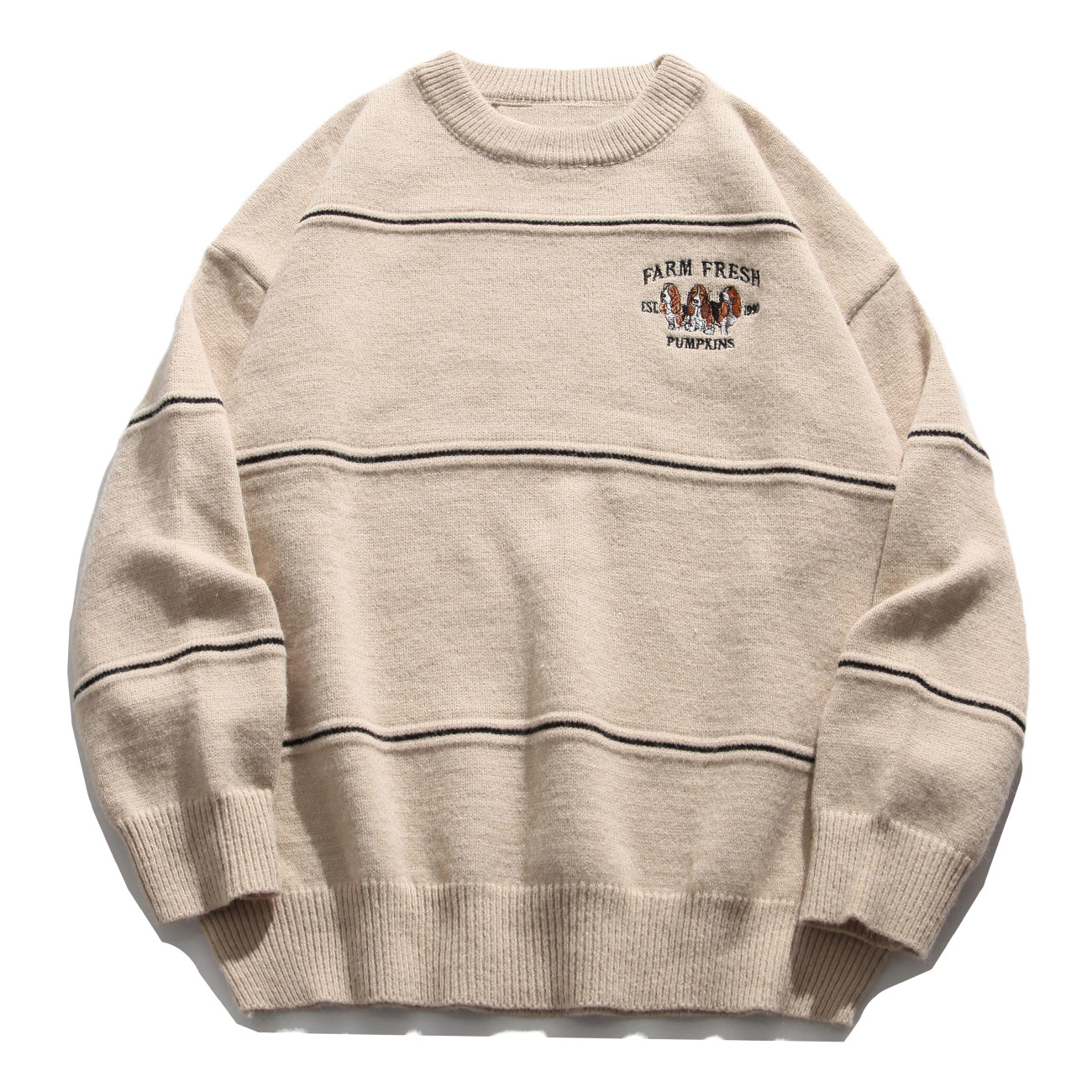 

2021 New Hip Hop Streetwear Mens Knitted Harajuku Emroidery Dogs Stripe Sweater Oversize Cotton Loose Pullover Men Clothing 7e1o, Blue