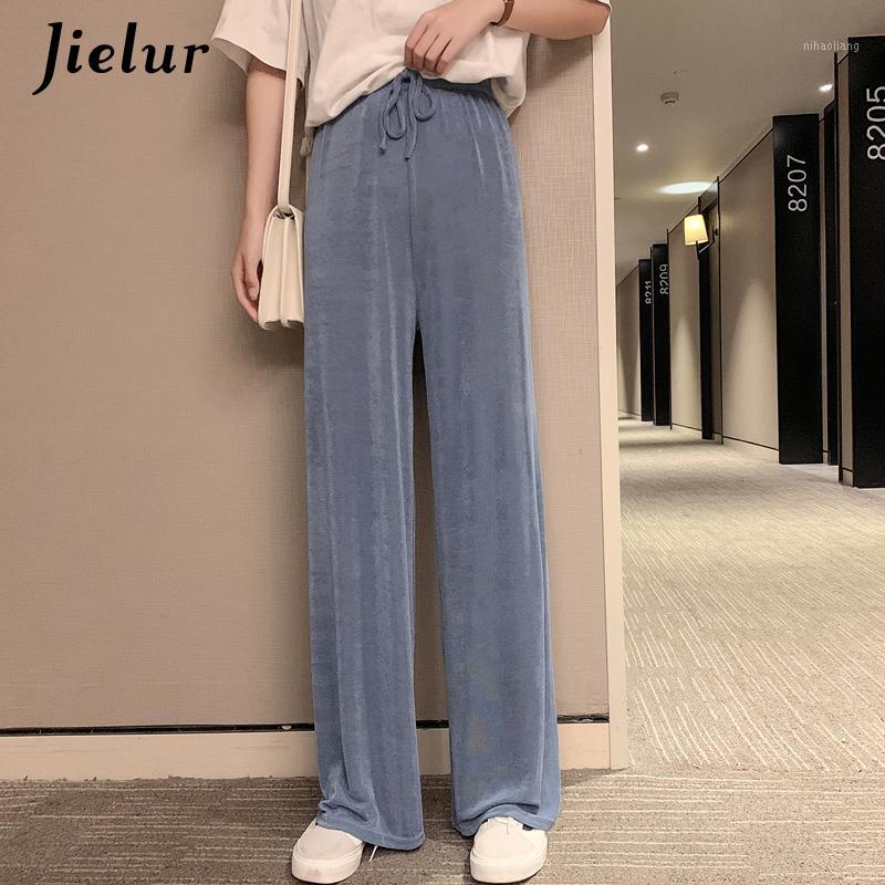 

Women High Waist Pants Summer Ice Silk Knitted Straight Trousers 2020 Loose Casual Long Wide Leg Soild Color Pants Femme1, Black