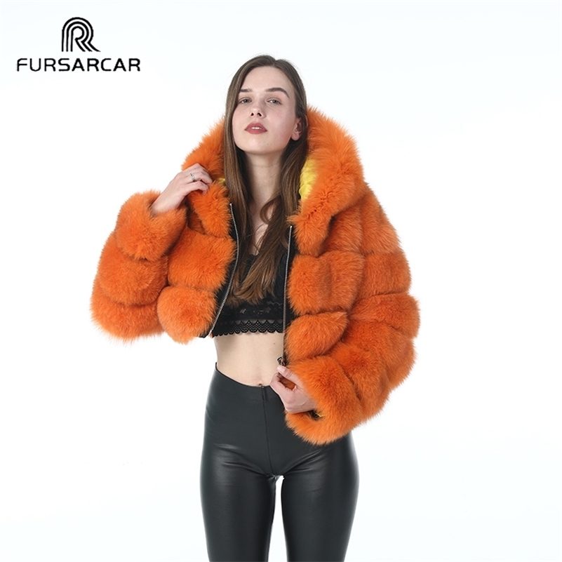 

FURSARCAR Natural Real Women Fox Fur Coat With Hood Female Fur Cropped Jacket Thick Warm Fashion Winter Genuine Fox Fur Coats 201212, Black