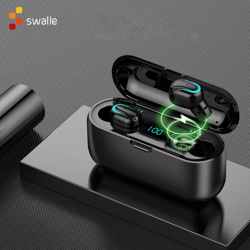 

Swalle Long Battery HD Stereo TWS Bluetooth Earphones mini Earbuds Touch Control Wireless Headphones With Mic Noise Isolation, Black