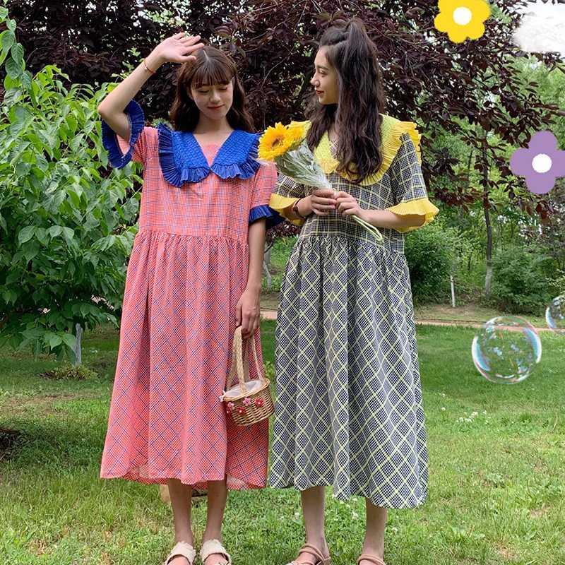 

1593# Maternity Clothes Summer Short Sleeve pleated plaid Easy Matching Loose Stylish Dress for Pregnant Women Pregnancy1, Yellow