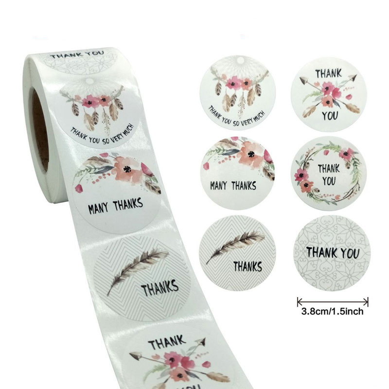 

500pcs Roll 1.5inch Flower Print Thank You Round Adhesive Stickers Label For Baking Business Gift Box Decor