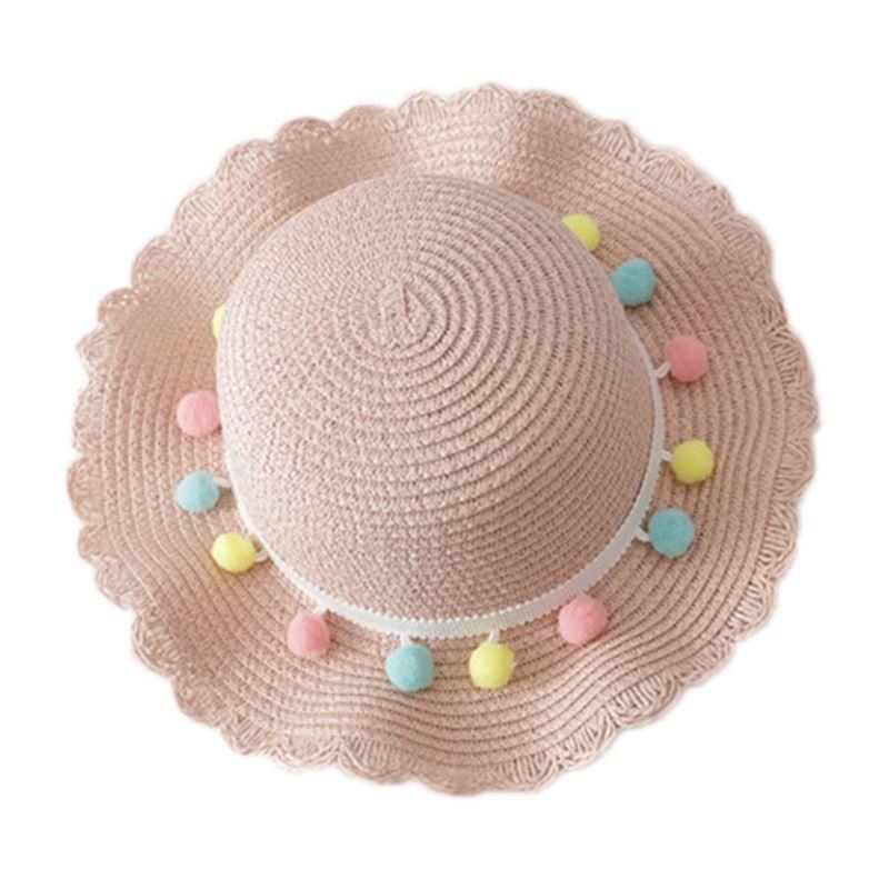 

Kids Girls Large Wide Brim Straw Woven Sun Protection Beach Hat Colorful Pompom Ball Summer Floppy Bucket Cap Portable Handbag, F as picture shown