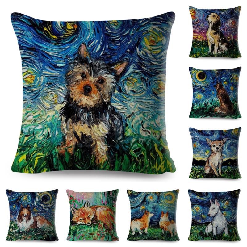 

Oil Painting Pet Dog Cushion Cover for Sofa Home Children Room Decor Cute Color Animal Pillowcase Linen Pillow Case Covers 45X45, 15