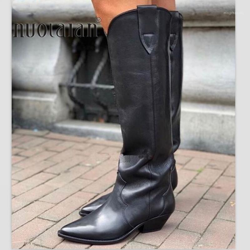 

2020 Western boots black Leather knee high boots for women pointed toe winter long women chunky heels cowboy knight1, Cggdx black-s