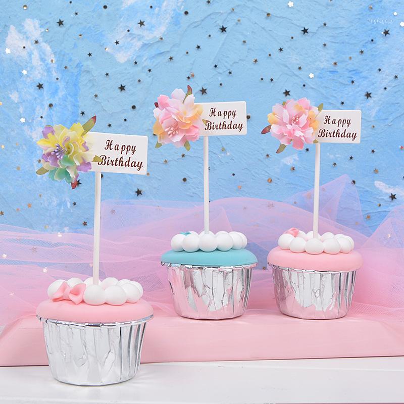 

5bags 15pcs Happy Birthday Flower Cake Dessert Decor Ice-cream Cupcake Toppers Picks Kids Birthday Party Wedding Decor Supply1